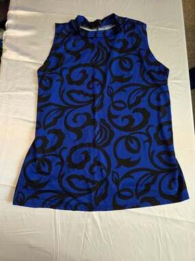 VKY & CO Women Blue and Black Damask Print Mock Neck Sleeveless Tank Top 3X